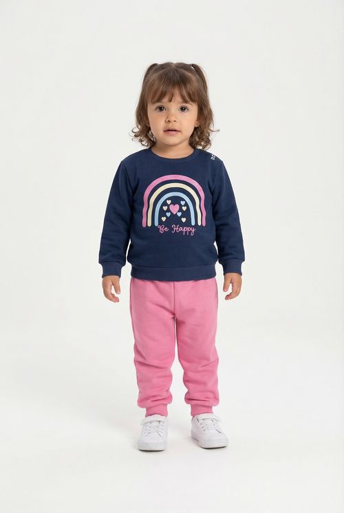 Conjunto Moletom Infantil Menina Azul Marinho e Rosa Arco-Íris
