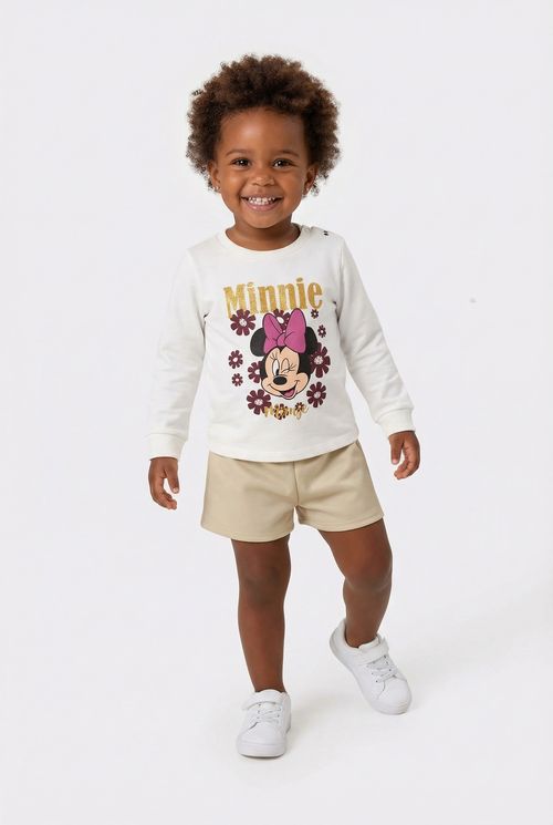 Conjunto Infantil Menina Blusa Shorts Bege Claro Minnie Floral