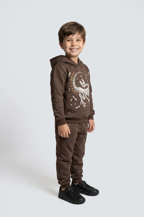 Blusão Moletom Infantil Menino Marrom Dinossauro Esqueleto