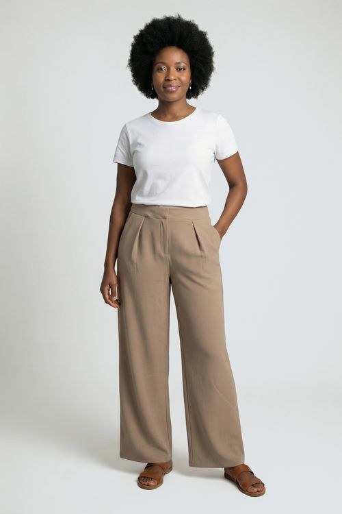 Calça Pantalona Feminina Bege com Pregas e Cintura Alta