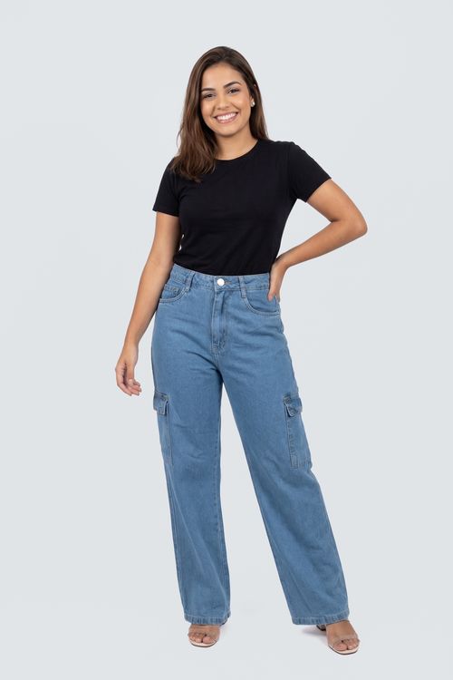 Calça Jeans Wide Leg Cargo Feminina Azul Claro