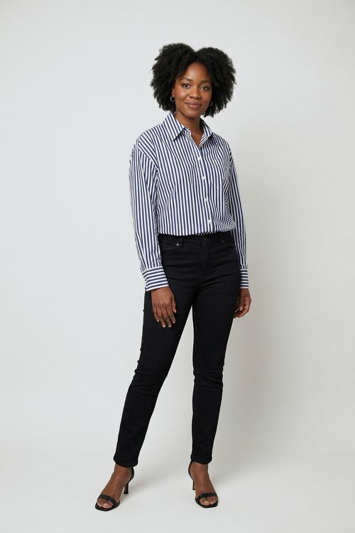 Camisa Manga Longa Feminina Azul Marinho e Branco Listrada