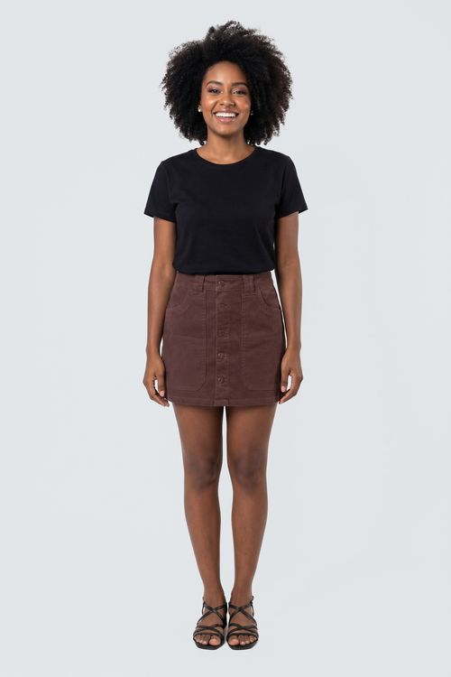 Saia Curta Feminina Marrom Médio Abotoamento Frontal