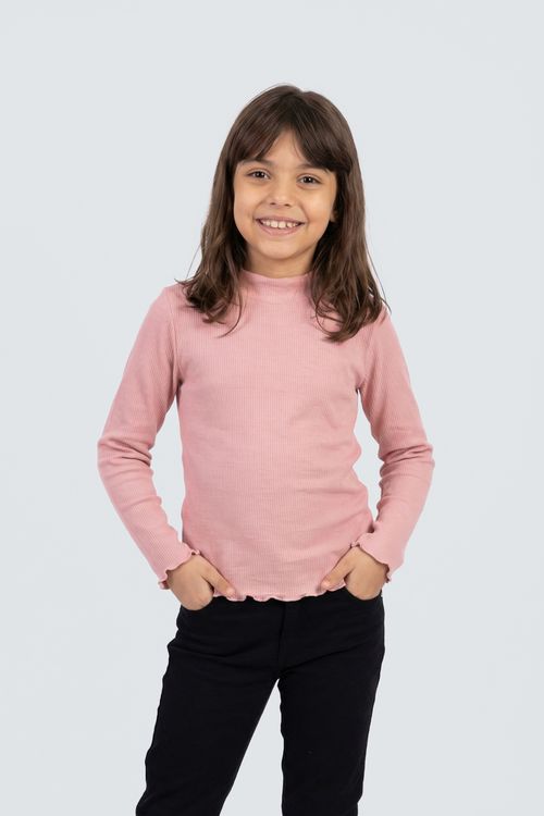 Blusa Infantil Menina Rosa Médio Canelada Gola Rolê Babados