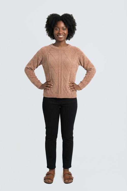 Suéter Feminino Bege Tricô Trançado