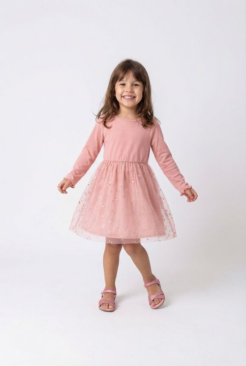 Vestido Infantil Menina Rosa Saia Tule Foil Dourado
