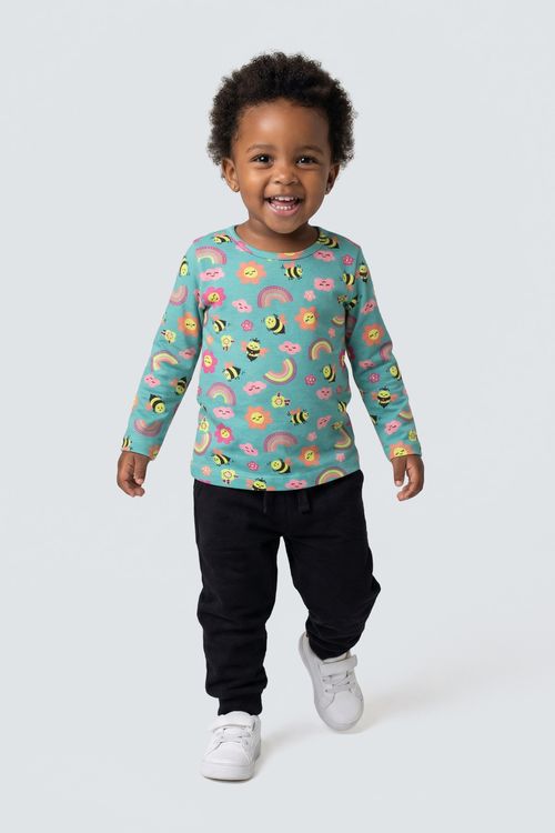 Blusa Manga Longa Menina Verde Claro Abelhinhas e Arco-Íris