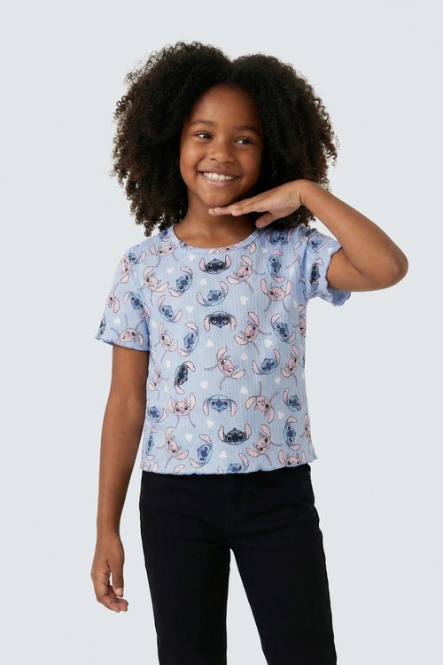 Blusa Infantil Menina Azul Claro Estampa Stitch & Angel