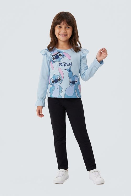 Blusa Manga Longa Infantil Menina Azul Claro Stitch Disney