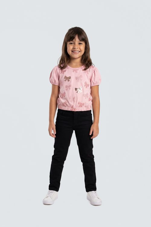 Blusa Infantil Menina Rosa Claro Laços Bordados Brilhantes