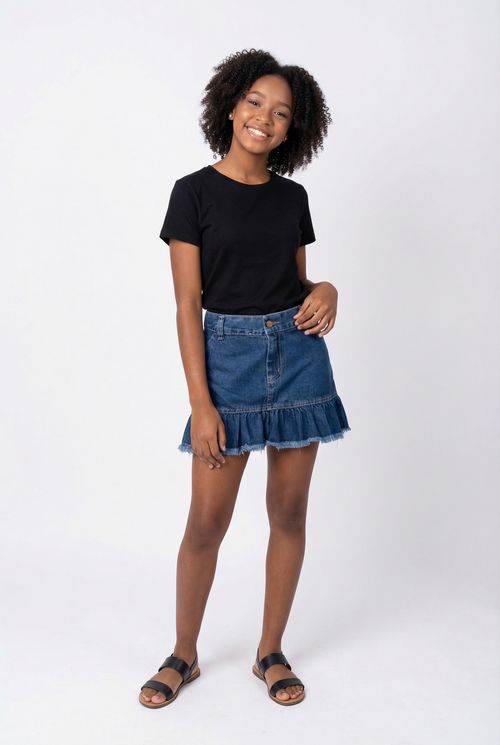 Saia Jeans Infantil Menina Azul Claro Juvenil Babado Desfiado