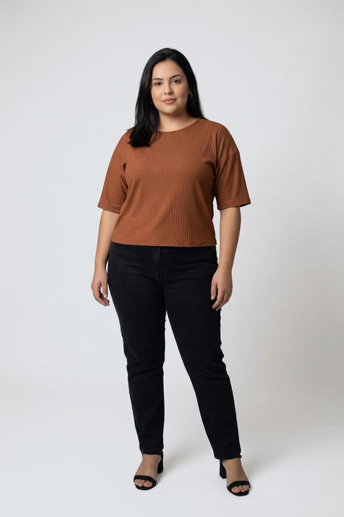 Blusa Canelada Manga Curta Feminina Caramelo
