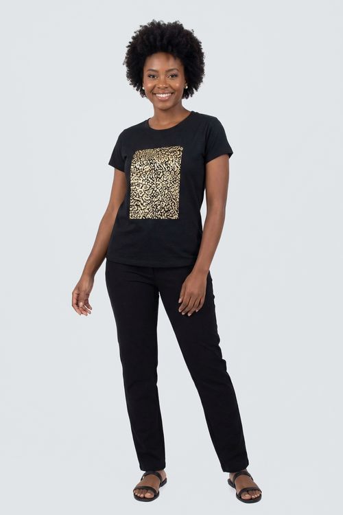 Blusa Manga Curta Feminina Preta Estampa Dourada Texturizada
