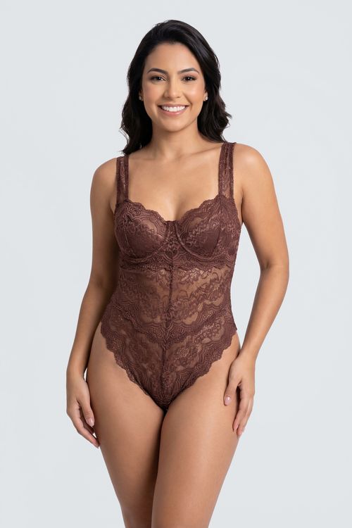 Sutiã Body Feminino Marrom Claro Renda Delicada Floral