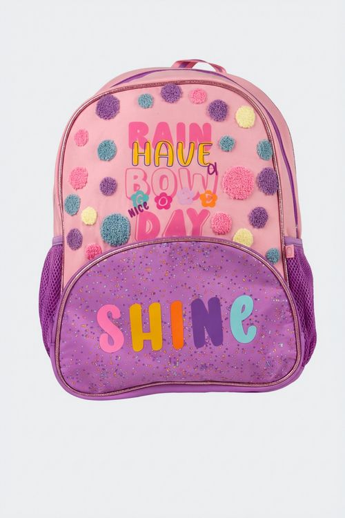 Mochila Escolar Infantil Menina Arco-Íris Shine Pompons 3D Glitter