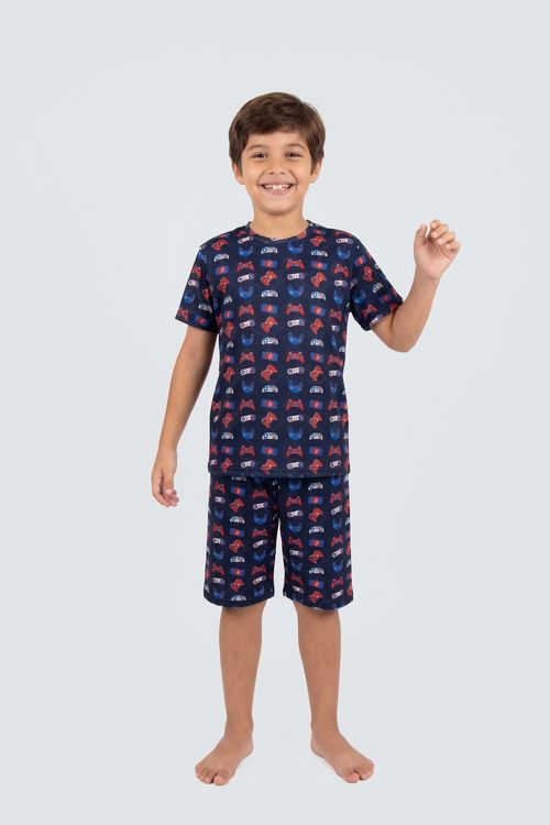 Pijama Curto Infantil Menino Juvenil Azul Marinho Controles