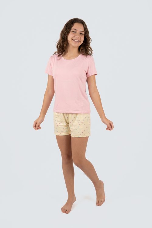 Pijama Curto Juvenil Menina Rosa Corações