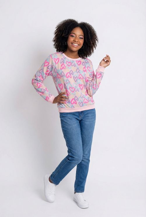 Moletom Juvenil Menina Rosa Claro Corações Vibrantes