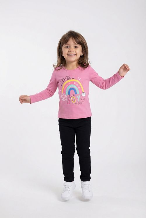 Blusa Infantil Menina Rosa Arco-Íris e Frase Alegre