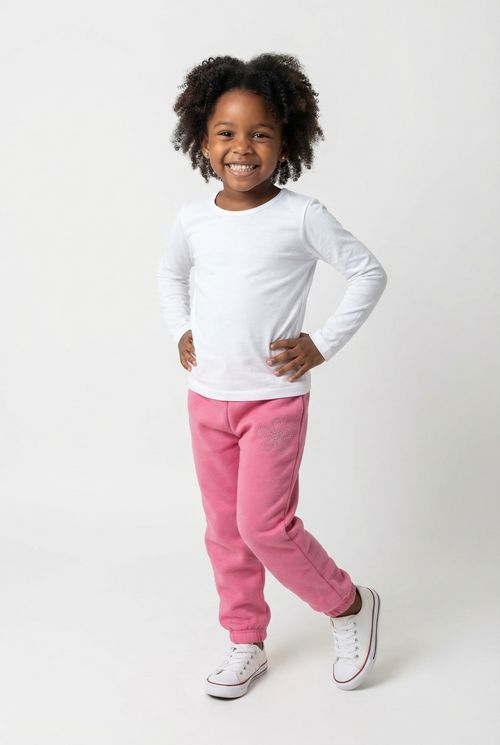 Calça Moletom Infantil Menina Rosa Médio Flor Brilhante