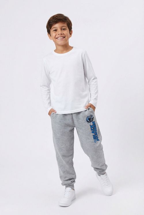 Calça Moletom Infantil Menino Cinza Mescla Pantera Negra
