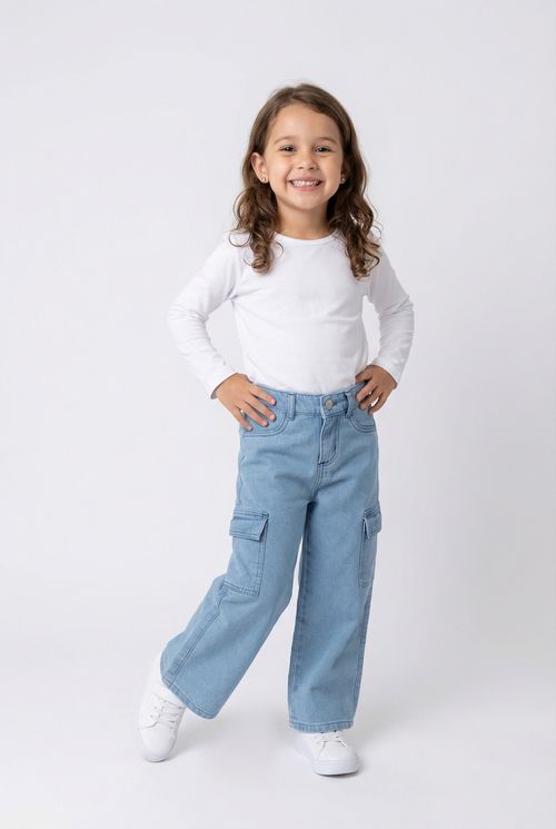 Calça Jeans Wide Cargo Infantil Menina Azul Claro