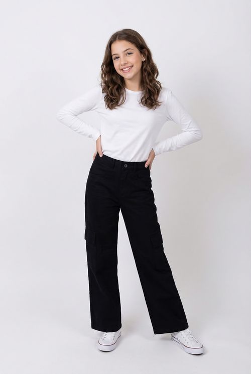 Calça Wide Leg Cargo Sarja Juvenil Menina Preta