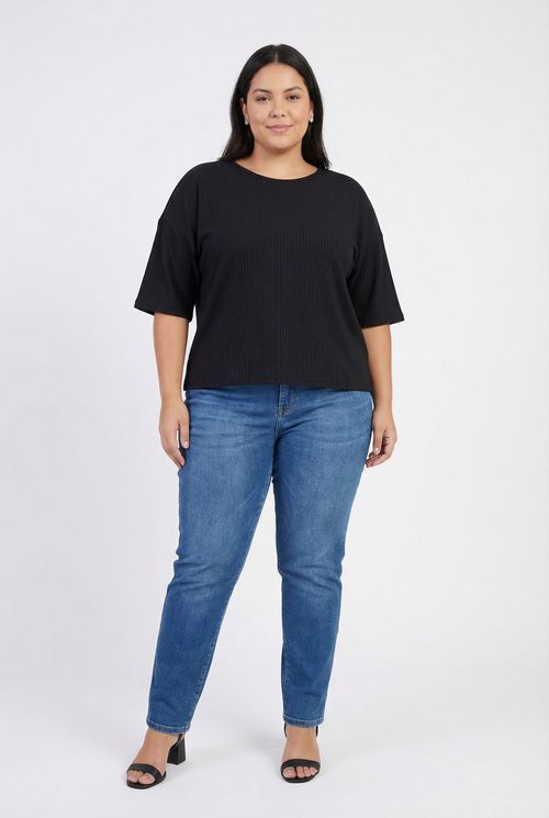 Blusa Canelada Manga Curta Feminina Preta