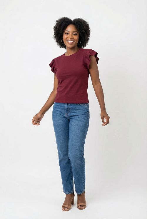 Blusa fem rom prog m/c babados vml es vermelho escuro