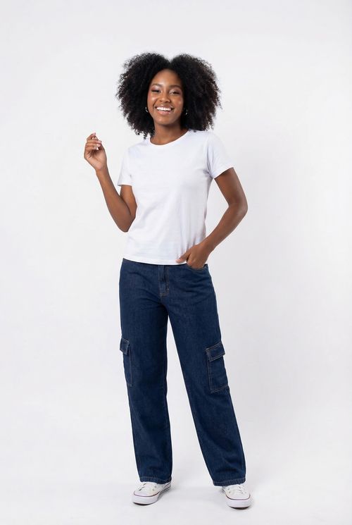 Calca fem comm 81184 jns wide cargo esc jeans azul escuro