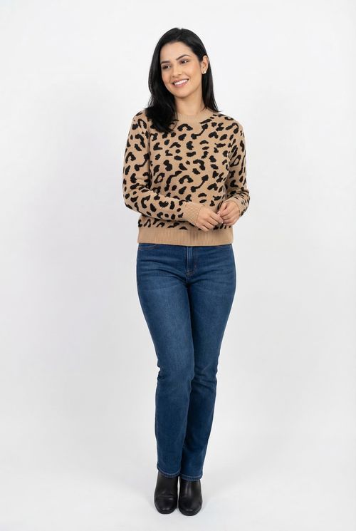 Suéter Tricot Feminino Animal Print Onça Manga Longa