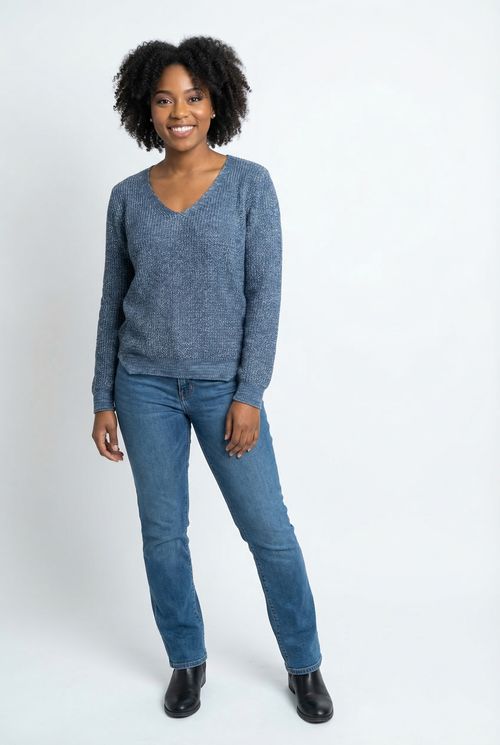 Suéter Feminino Azul Mesclado Decote V Manga Longa