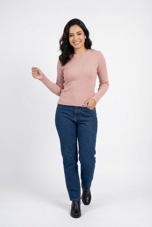 Suéter Feminino Canelado Rosa Claro Gola Redonda