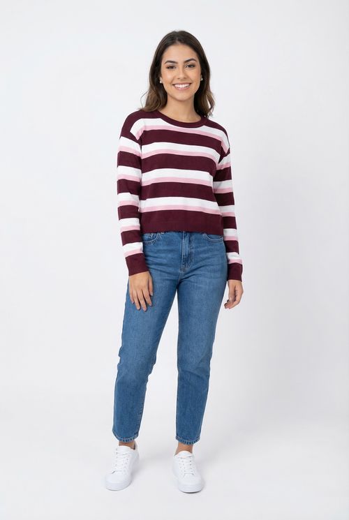 Suéter Feminino Vinho Rosa Claro Listrado