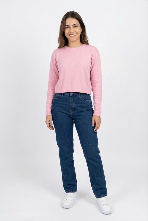 Suéter Feminino Rosa Claro Tricot Cropped Manga Longa