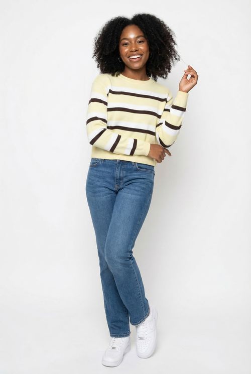 Suéter Feminino Amarelo Manteiga Marrom Listrado