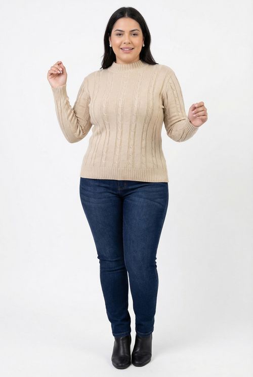 Suéter Feminino Bege Trançado Gola Alta Manga Longa