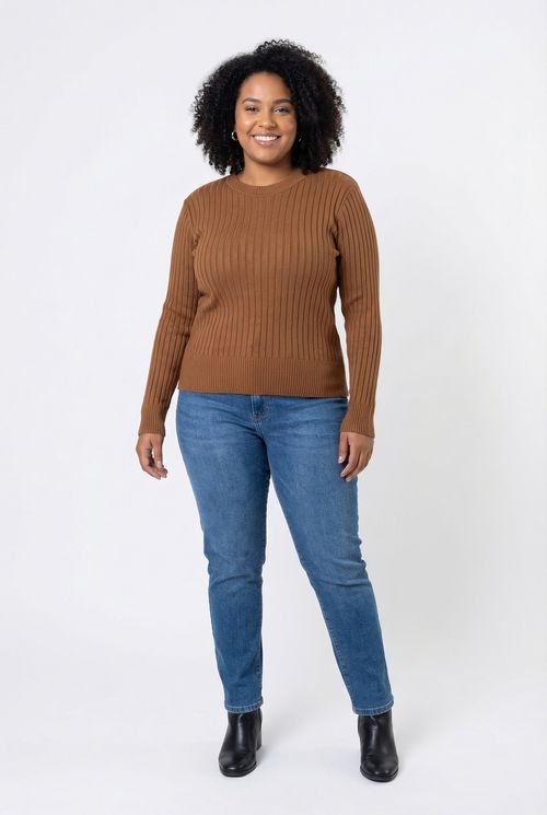 Suéter Feminino Marrom Caramelo Tricot Canelado