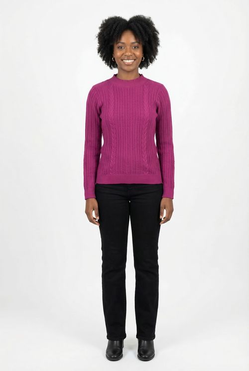 Suéter Feminino Rosa Escuro Tricô Trançado Gola Alta