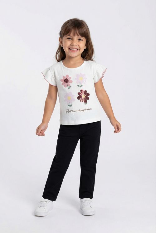 Blusa Infantil Menina Anarruga Off White Floral Paetês Babado