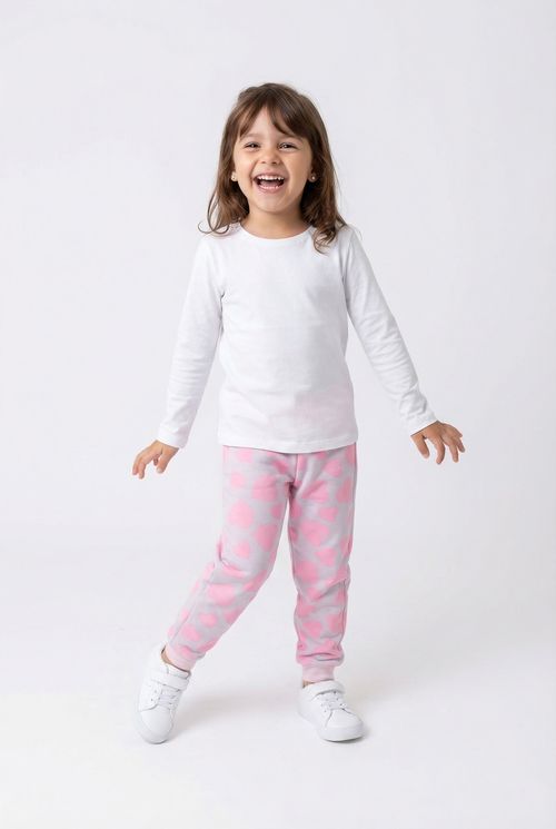 Calça Infantil Menina Rosa Claro Corações Neon