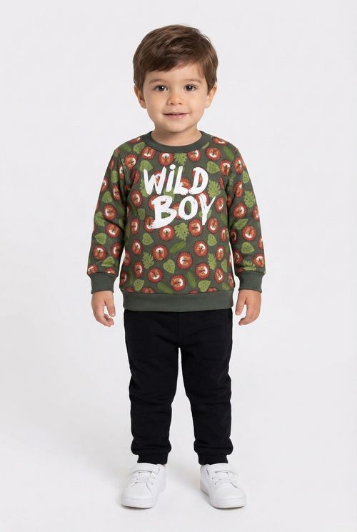 Moletom Infantil Menino Verde Floresta Estampa Leões