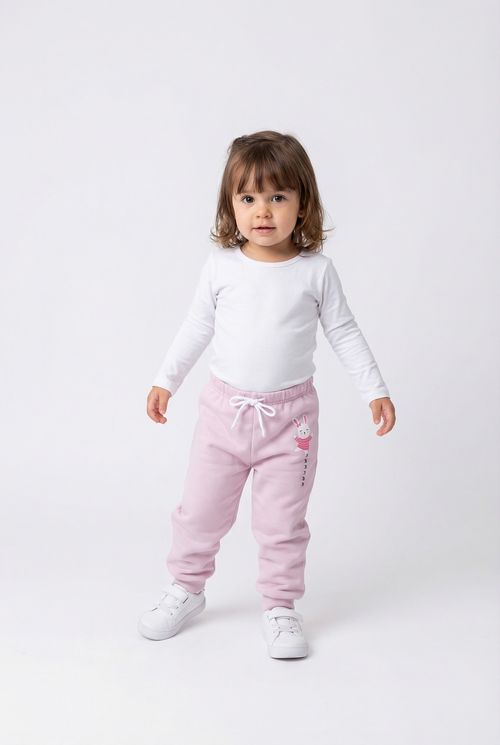 Calça de Moletom Infantil Menina Rosa Claro Coelho Fofo
