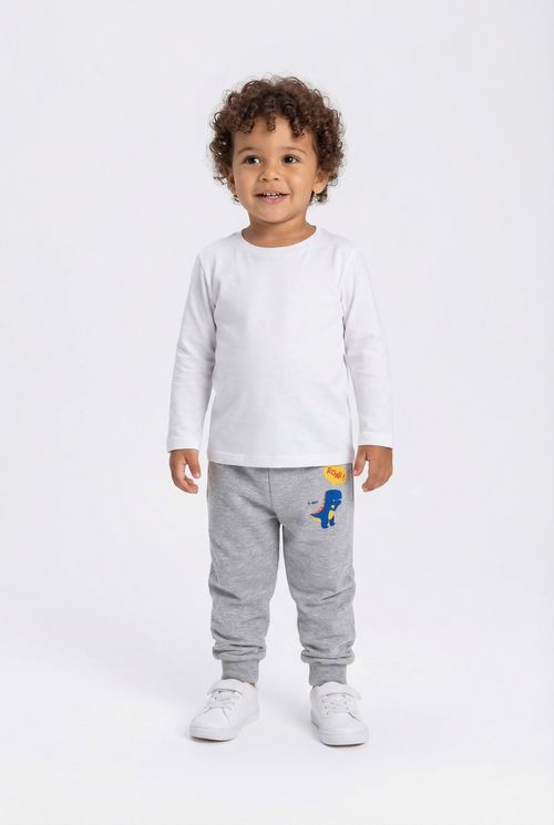 Calça Infantil Menino Cinza Mescla Dino Roar
