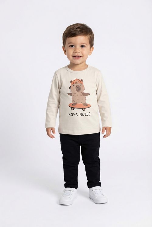 Camiseta Manga Longa Infantil Menino Off White Capivara Skatista