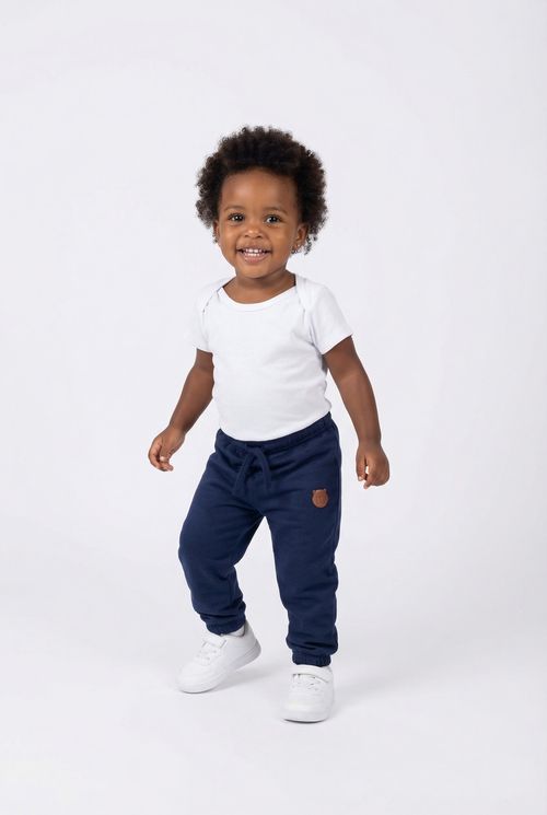 Calça Moletom Infantil Azul Marinho com Aplique de Ursinho