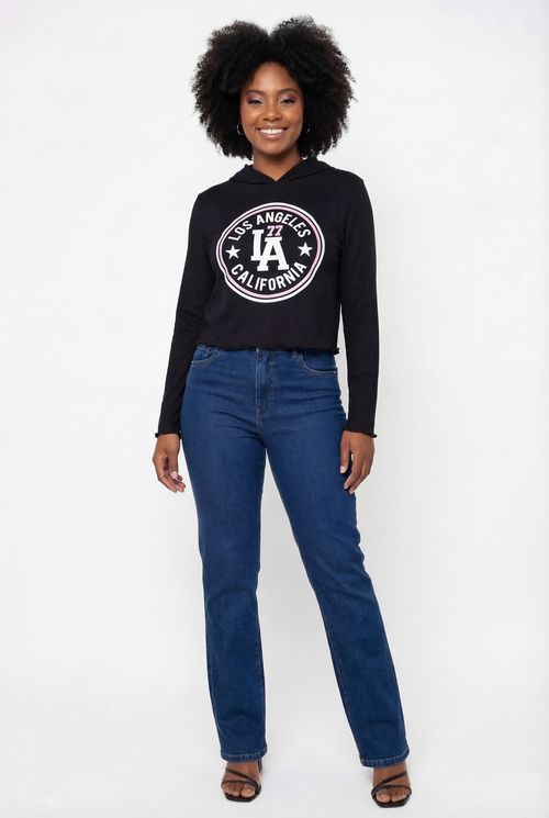 Blusa Cropped Feminina Canelada com Capuz Preta Los Angeles