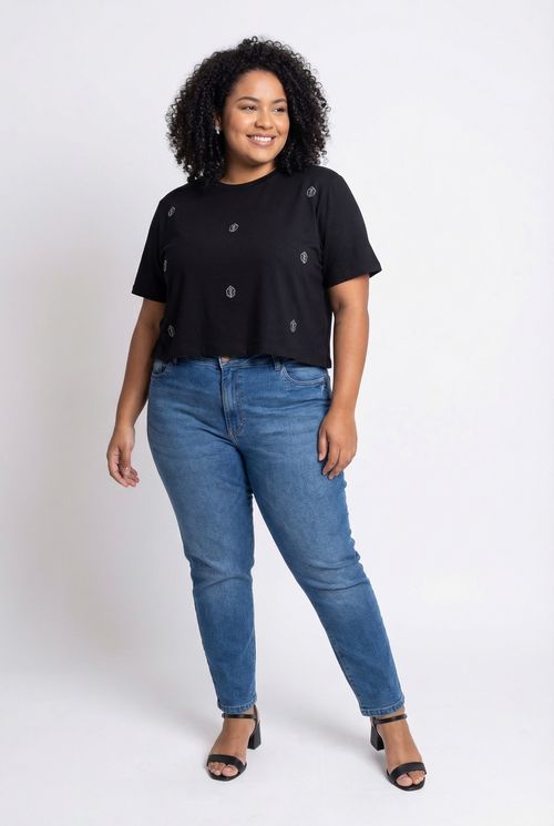 Blusa Feminina Preta Estampa Folhas Brancas