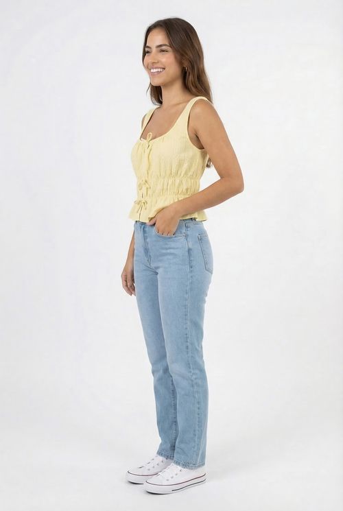 Blusa Feminina Amarelo Manteiga Franzida com Laços