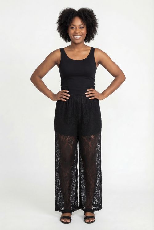 Calça Pantalona Feminina Preta Renda Floral e Geométrica